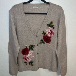 Garnet Hill Beige Floral Embroidered Cardigan Sweater